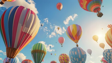 Naklejka premium 3d floating balloon with ribbons against blue background, 3d floating hot air balloon, 3d green leaves forming into balloon shape
