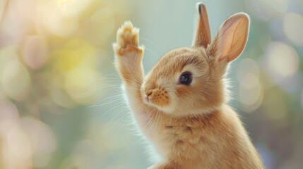 Cute Rabbit Waving Its Paw in a Playful Manner, Set Against a Sunlit, Blurry Background
