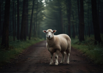 sheep in a dark forest, lamb in the dark forest road