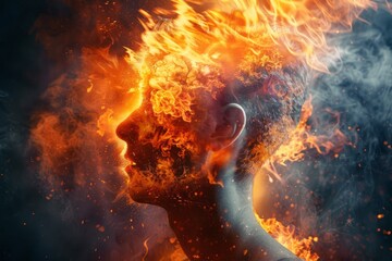 Human head ablaze with fierce orange flames