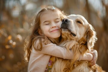Girl hugging her pet dog