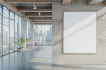 Blank white poster frame inside a modern office