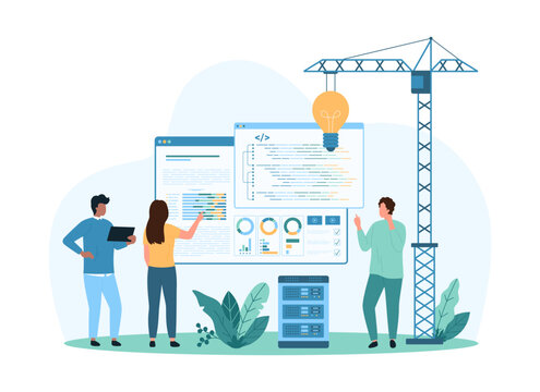 Creative solution or idea in coding. Tiny people develop software code, build program or mobile application with construction crane and light bulb, customize digital data cartoon vector illustration