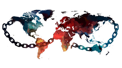 A watercolor map of the world, linked by a chain, symbolizes global connectivity and constraints.