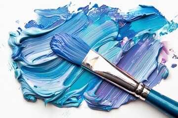Vibrant blue paint strokes and brush