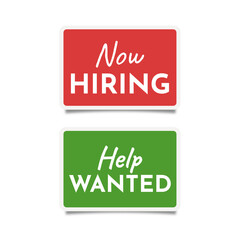 Now hiring, help wanted. Set of business signs. Career, job opportunity. Transparent background.