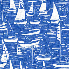 Coastal sail boat in azure ocean blue seamless background. Modern sailing race boat block print for decorative coast interior furnishing fabric for rustic linen beach cottage trend. 