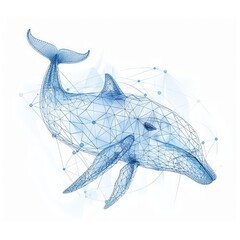 digital blue whale lines intertwined networks, data visualization, white background