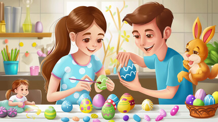 family decorating Easter eggs with kids