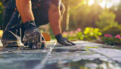 Obraz premium Close up on the hands and tools of an expert workman laying patio slabs in garden makeover