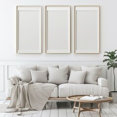 white picture frames mockup in a modern living room, contemporary