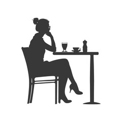 Silhouette woman sitting at a table in the cafe bar restaurant black color only