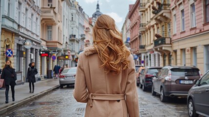 Obraz premium A woman in a tan coat walks down a cobblestone street, with cars parked on either side