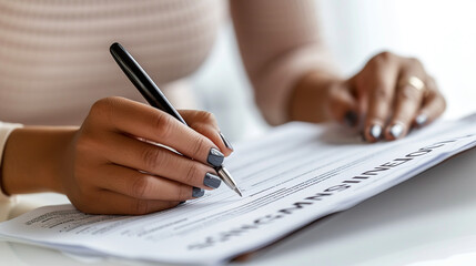 Woman fills out a form, mortgage application, contract, investment agreement or legal document
