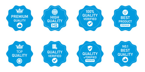Premium quality icon set. Highest quality tags. Vintage quality badges. premium quality, guaranteed, certified sticker tag collection. Vintage blue badge label for marketing. Blue best quality label. 