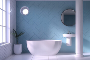 a modern bathroom with a blue herringbone wall and white floor, with a small round window on the top left side above the bathtub. A white sink stand under a mirror hanging from the ceiling.