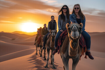 Group adventure on camels through a vast desert landscape