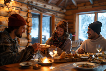 Friends sharing a meal in a cozy mountain cabin