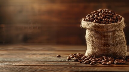   A sack of coffee beans atop a wooden table Nearby, a pile of beans on another wooden table