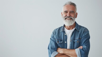 Happy senior Caucasian man with a gray beard, wearing a denim jacket, arms crossed, smiling on a light background - Powered by Adobe
