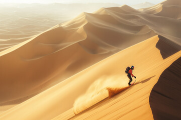 Person sandboarding down towering dunes