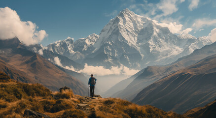 A man stands confidently in the center of a vast mountain range, surrounded by rugged peaks and valleys.