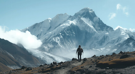 A man stands confidently on the summit of a rocky mountain, showcasing the rugged terrain and vast landscape below.