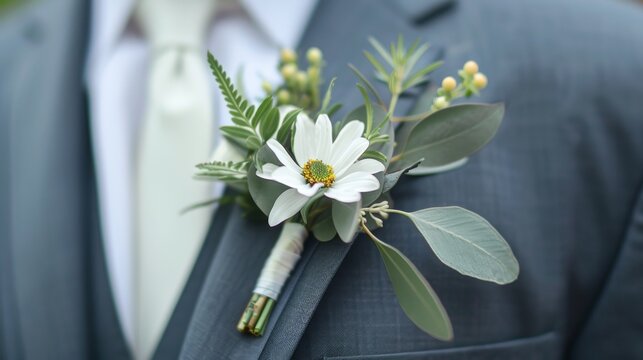 A man in a stylish suit with a boutonniere on his lapel, embodying elegance and sophistication