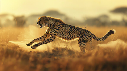 A swift cheetah dashes through the vast savanna, leaving a trail of swirling dust.