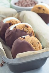 Mint chocolate chips ice cream and chocolate chips cookies sandwiches, vertical