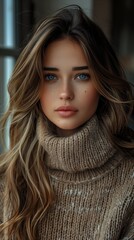 Naklejka premium closeup woman long hair wearing turtleneck sweater alluring lips blue eyes amazing blend effect body face olive skin city winter time dating