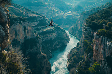 Adrenaline junkie doing a bungee jump from a bridge