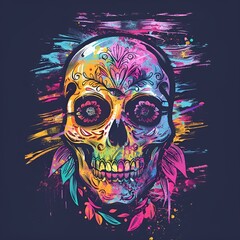 AI generated illustration of a vibrant skull on dark backdrop with colorful paint splatters