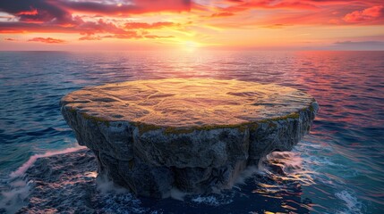   A large rock emerges from the water's surface as the sun sets over the ocean
