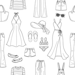 Female fashion set, women's clothes collection, line illustrations, summer outfit, vector seamless background pattern