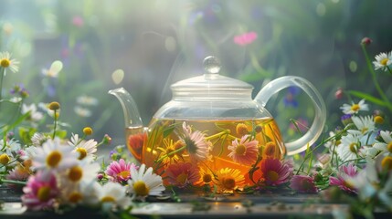 Glass teapot with blooming tea, close-up. Spring blooming flowers. Background with spring flowers.