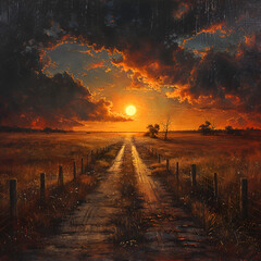  Sun at the End of the Road Central,
Sunset landscape
