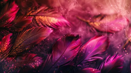 Soft and fluffy background, bird feathers, magenta and golden feathers.
