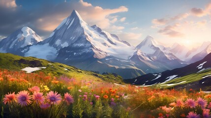 Panoramic view of beautiful alpine meadow with flowers and mountains at sunset