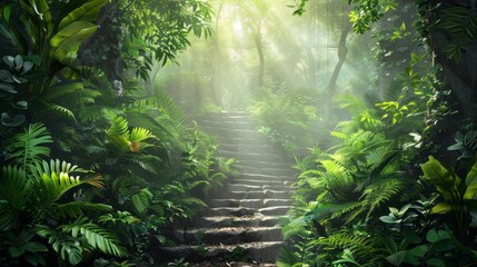 Tropical forest and stairs in the center. Forest fantasy landscape.