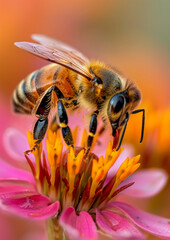 Honey bee hovering on blooming flower. Insect. Bloom. Bee. Honeybee. Nature. Close-up.