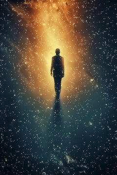 man walking middle galaxy human silhouette ascension general form portrait astral background above below clear high evolution immortality