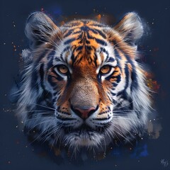 Tiger gazes directly at the camera against a dark backdrop, AI-generated.