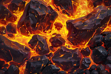 A scene of intense heat and fiery beauty, with molten lava flowing around and over lava stones