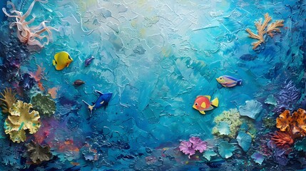 Vibrant Underwater Coral Reef Teeming with Colorful Bioluminescent Fish and Marine Life in a Textured Turquoise Seascape