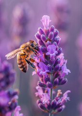 Bee hovering on lavender flower. Insect. Bloom. Bee. Honeybee. Nature. Close-up.