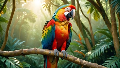 photo multi colored macaw perching on branch in tropical forest 