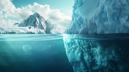 A large iceberg floats in the ocean next to a towering mountain, creating a striking contrast in size and texture.