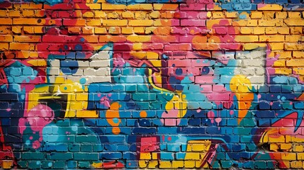 Obraz premium A brick wall with colorful graffiti on it. Generative AI.