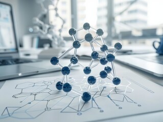 Biomedical engineering workspace, close-up on molecular structure analysis for disease cure, copy space.